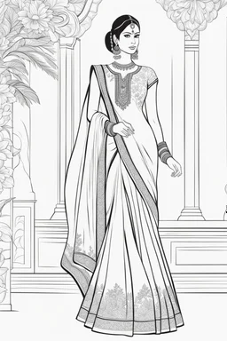 Coloring page for adults of a elegant fashion model woman wearing hindi dress, dynamic poses, full body portrait, thick and clean lines, clean details, no-color, no-turban, no-background, non color, non shading, no-grayscale, dynamic poses, full body portrait, thick and clean lines, clean details, no-color, no-turban, , non background, non color, non shading, no-grayscale, no color hair