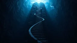 Stairs between heaven and hell, a big vertical spiral staircase made of indefinable material, the end of which cannot be seen, connecting the hellish dark depths with the endless dark blue universe, higg detailed, surreal, dark vibe, cinematic