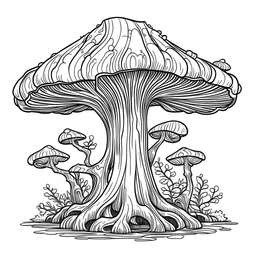 outline art for square twisted mushroom old oak tree coloring page for kids, classic manga style, anime style, realistic modern cartoon style, white background, sketch style, only use outline, clean line art, no shadows, clear and well outlined