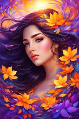 Masterpiece, best quality, digital painting style, adorable digital painting, beautiful fantasy art, colorful. Her dark hair cascades, and her kind eyes seem like gentle winds blowing. With awe, she gazes at the vibrant hues of the sunset - a kaleidoscope of orange, purple, and yellow. Enveloped in the embrace of spring's gentle spell, her heart awakens to the beauty that dwells around her. The world is so colorful, ablaze with life's zest, and she becomes part of nature's eternal quest.