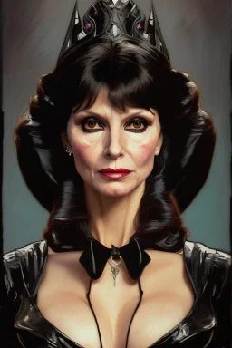 painting of victoria principal as evil queen in black leather, feminie, angry, stern look on her face, volouptous, busty, cleavage, emperious, mature, highly detailed, digital painting, artstation, concept art, smooth, sharp focus, illustration, art by gaston bussiere and alphonse mucha