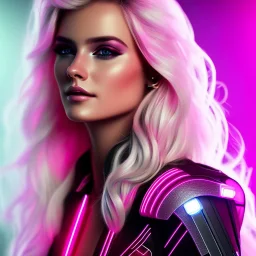 A beautiful portrait of a cute smiling cyberpunk woman, long blond hair, high key lighting, volumetric light high details with white stripes and feathers and pink celtic paterns and luminous glasses in a starry background