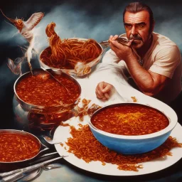 Detailed image of Sean Connery eating a bowl of chili