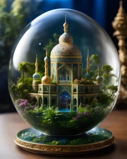 The miniatur islamic mosque in ball glass is an abstract concept that refers to a world made entirely of flowers or plants, often in a fantasy or mythical setting. The flower planet in this image appears to be a baroque world, with ornate spiral patterns and intricate designs.