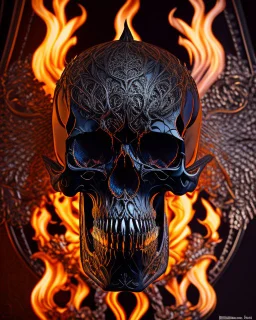 A beautiful highly detailed ornate intricate portrait of a flaming demon skull made of shiny obsidian glass :: reflective, glassy :: subtractive lighting, backlit :: by John William Waterhouse, Greg Rutkowski, HR Giger :: hyperrealistic, hyper detailed, photorealistic :: epic, incredible composition, amazing depth, meticulously composed, 16k resolution concept art :: fantasy magazine cover art