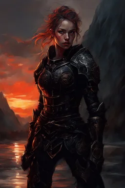 A formidable warrior girl in black armor, on the background Amazing gloomy landscape, flooded with sunset, mountains, trees, fabulous scary hero, , juicy emotions, painting, dark fantasy, gloomy day, dark world, portrait, by Raymond Swanland & Alyssa Monks & Anna Razumovskaya