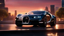 A cinematic scene featuring a luxurious vehicle that is an imaginative cross between a G-Wagon and a Bugatti Veyron. The sleek, muscular design boasts an SUV's ruggedness combined with a hypercar's aerodynamic elegance. Set against a vibrant city skyline backdrop at sunset, with reflections of the glimmering lights on the glossy paint. The car is parked on a stylish street, showcasing its intricate details, like a wealthy interior glimpse through the tinted windows and bold alloy wheels. An air