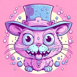 Pink and light purple pastel dream Monster, Mouse with teeth all over body, top hat and a monocle, 3 eyes and a split tongue, horror cute cartoon,