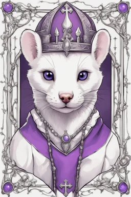 (anthropomorphic white ferret),dressed in ((cleric fantasy)) black and purple clothes with silver holy ornaments, realistic anatomy, holy symbols around, serious face, hold holy cross symbol, tired face, in the style of LOISH, look at the vivewer, blue eyes, cute face, 2d, ink lines, fantasy inspire