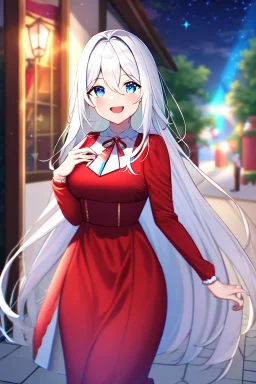 girl, masterpiece, best quality, cinematic lighting, detailed outfit, vibrant colors, perfect eyes, white hair, very long hair, blue eyes, valentine gift, sidewalk, under tree, laughing, sparkle, depth of field, indoors, god rays, glowing light, ray tracing, red dress,