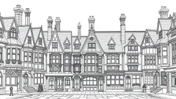 A highly detailed front elevation line drawing of a row of fantasy houses of different heights with tall chimneys, rooms and floors added to sides and roofs, like Harry Potter's Diagon Alley, inspired by Moebius