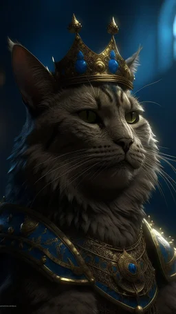 Upscale orkand almost leads to the extinction of cat musk king with crown, in an accurate revenge scheme,Dramatic, dark and moody, inspired style, with intricate details and a sense of mystery Blue background, 16k, dramatic lighting, matte painting, highly detailed, cgsociety, hyperrealistic, --no dof, --ar 2:1