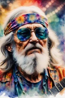 The old hippie, double exposure old hippie's face formed by a band on stage playing a concert, watercolor.