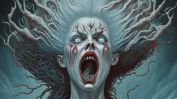 "The Wilhelm Scream of Imaginary Dead Wives" in the style of Michael Hussar and Walter Van Beirendoncks; features a ghostly figure of a woman with windblown crazy hair and mouth wide open in a scream, surrounded by intricate details such as twisted branches, ominous clouds, and hidden symbols. The image is meticulously crafted with an award-winning level of detail that invites the viewer to explore its mysterious depths.