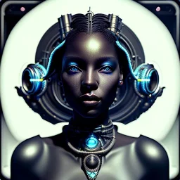 a black woman with one blue crystal eye, steam punk, realistic, made in octane, cinematic, ultra-realistic, extremely detailed octane rendering, 8K, VRAY Super Real ar 2:3, dof photorealistic futuristic 50mm lens hard lighting dark gray tintype photograph, realistic lighting