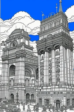 various architectural landmarks and cityscapes, coloring book page, simple and clean line art, adult drawing book, low details, black and white, crisp black lines, no shades, sharp lines, coloring book for adults, cartoon style, landscape