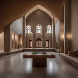 persian style , yazd ,Muqarnas architectural,photography, perspective, interior space, vertical light panels transition from gray to wood hues, creating an ethereal gradient effect, modernism, expert, with a minimalist reception desk subtly lit to enhance the sleek design, foreground, a large, raw stone adds a touch of organic texture, used camera is Sony α7R IV, paired with a Sony FE 24-70mm f/2. 8 GM lens, set to an aperture of f/8 for optimal depth of field and sharpness, shutter speed