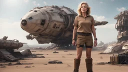 A 60-year-old woman with blond hair, a brown shirt, shorts, and boots, holding an armful of complex equipment, standing in front of a grounded cargo spaceship, with a ruined city in the background.