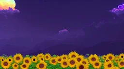 purple sky full of stars, sunflower field, anime