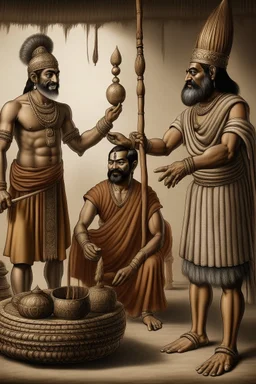 A Indian blacksmith with a Indian king standing in front of him and a bag of sandalwood on one side, the king pointing towards the Bag.