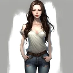 pretty girl, aged 17, brunette, conventionally attractive, realism, jeans, skinny, wide hips