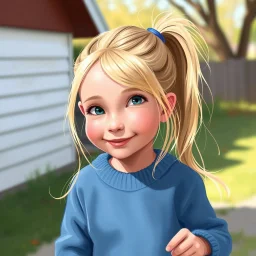 a pretty girl, age 8, blonde hair in a pony tail, playing outside, blue school jumper, digital painting, stylised