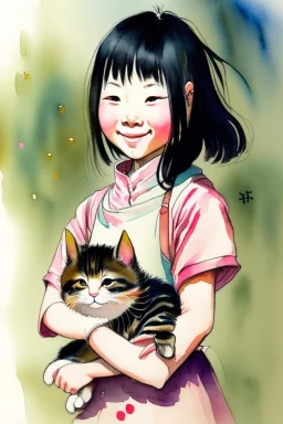 A cute smiling asian girl is holding a kitten. Watercolour