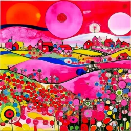 A pink farmland with magical crystals painted by Wassily Kandinsky