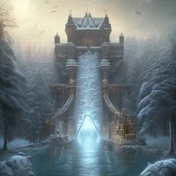 fantasy art, book illustration, upper body of big mad wizard on bridge or dam ,icy water, on the bridge is a wolf, there is also a hawk and everything is seen from the tree tops