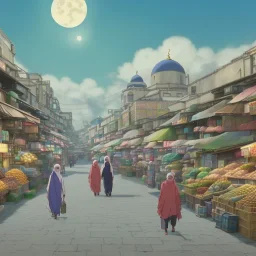 middle east city with mosque and people walking through the market , night , cloud in the sky , full moon , fire place in the bazaar , high resolution, super realistic, unreal engine, cinematic lighting,