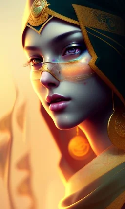 Arab princess , cute, beautiful, black eyes,Veiled, cinematic, 8k, resolution concept art portrait by Greg Rutkowski, Artgerm, WLOP, Alphonse Mucha dynamic lighting hyperdetailed intricately detailed