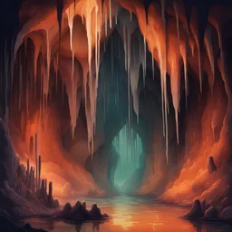 A eerie cave full of stalagmites dripping with vivid rusty water, in mesotint art style