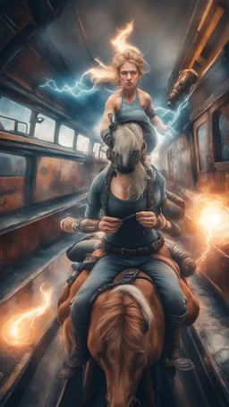 fisheye lense, hypnotic portrait of a yoga instructor with gauntlets on a horseback,flashy magazine cover, fallout 4 docks setting, horror weird cowboy wizard cyberpunk weasel in female garments on top of train ,holding dynamite, getting hit by lightening electric arc, with big disturbed eyes,bokeh like f/0.8, tilt-shift lens 8k, high detail, smooth render, down-light, unreal engine, prize winning