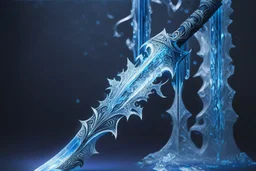 A fantasy sword that is a slender, translucent blade made of ice, shimmering with an ethereal blue glow. Its hilt is crafted from swirling vines, leading to a vibrant crystal at the pommel. With a black background behind it.