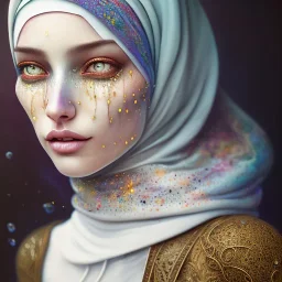 dripping, runnt, melting watercolor painting as woman's face, wearing hijab, fine detail, highly intricate, modern surrealism painting, fog, high-quality, volumetric lighting, 8k, ultrahd, George Grie, Marco Escobedo, Igor Morski,Brian Froud, Howard Lyon, Selina French,