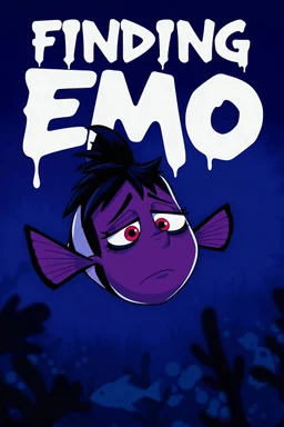 A digital illustration of a movie poster titled “Finding Emo”, finding nemo parody poster, featuring a depressed cartoon clownfish with black emo hair, eyeliner, and piercings, a bored expression, swimming in a dark underwater scene, in the background, movie title in a dripping, grungy font, moody blue and purple colour palette