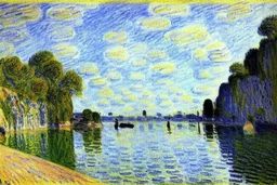 Big epic rock cliff, lagoon, alfred sisley impressionism painting