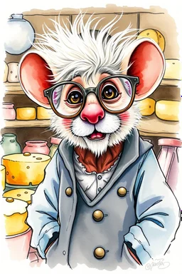 SKETCH WATERCOLOR PASTEL COLOURS - “Mr. Whiskers McStreusel old mouse inside his magic cheese shop, a wiry fellow with wild white hair and glasses so large they practically covered his whole face.”