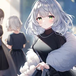 Clear focus, High resolution, light grey short hair, dark green eyes, wearing a black t-shirt and black skirt, fluffy hair, detailed outfit, really fluffy hair