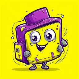 Social Media Design A yellow suitcase has eyes, a mouth, eyes, hands and legs, a cute smiley, wearing a black hat and carrying a passport. Comic shape. . A simple purple background. Give me the image with the best automated atmosphere. Sinai. Darmi. comic