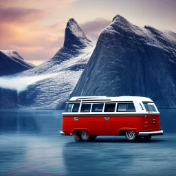 A Campervan is parking in a norwegian Fjord