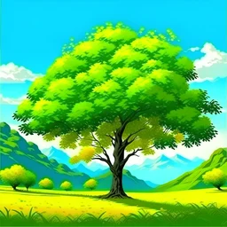 A green land with high mountains, and there is a tree with green leaves, and under the tree there are yellow leaves and a clear sky