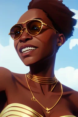 perfektes lächeln einer wunderschönen afro-amerikanischen Frau mit gelocktem braunem haar grosse oberweite portrait hyperrealistisch cinematic perfekter winkel goldkettchen sonnenbrille