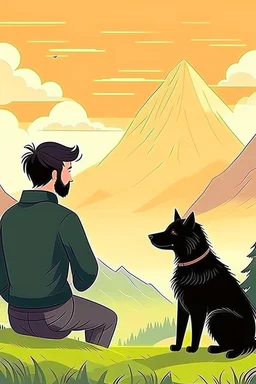 Escape to the mountains, buzzed brown hair guy and cute realistic black dog with docked tail