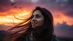 Hyper Realistic Photographic Close Side Face View Of A Beautiful Pakistani Pashto Young Woman (With BEautiful Green Eyes & Long Hair Whirling From Cold Breeze, Happily Looking At The Dramatic Cloudy Sunset With Purple Sky & Dark Clouds With Orange Sunset Sky, With Few Birds Flying Far, Showing Dramatic And Cinematic Ambiance.