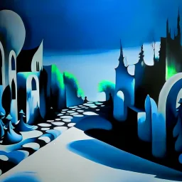 Landscape with nonsense forms, white, blue, shadows, creepy