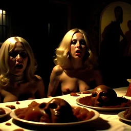 Horror movie shot, spooky, ultra realistic, dine, ultra realistic hot blonde women, party, pieces of meat, organs, ail, dynamic, very excited people, hypermaximalist figures, light, 1970's Italian horror movie, sinister,, Dario Argento, Stanley Kubrik, ornate, 4k, photorealism