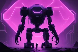 a colossal geometric hypermodern black and purple neon bipedal robot with 1 ominous hexagonal eye staring at a person roaming in a monochrome black world far away