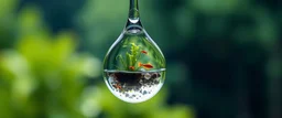 An intricate scene where a single drop of water, magnified, contains an entire miniature ecosystem. Inside the drop, tiny plants, fish, and other life forms thrive, showcasing how even the smallest amount of water can sustain life. The drop floats in the air, with a lush, green forest blurred in the background, representing the connection between water and the health of the planet.