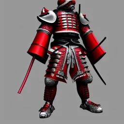 Personnage détaillé, chat, anthropomorphique, habillé comme un samurai, armure très détaillé, rouge, argent, modélisme 3d